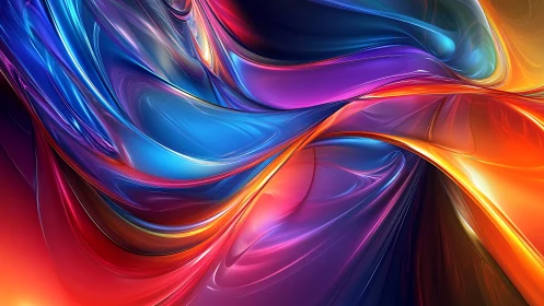 Vibrant fluid ribbons swirl through luminous digital space