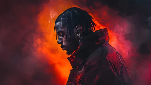 Moody side-profile portrait in vivid red smoke lighting