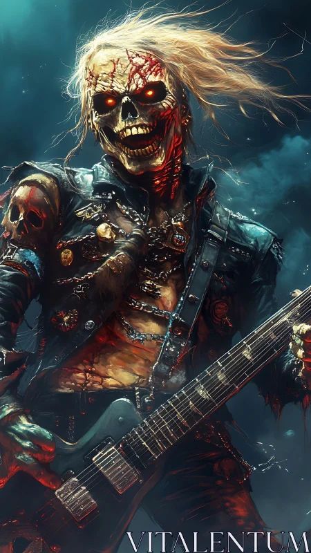 Undead heavy metal guitarist with flaming eyes onstage.