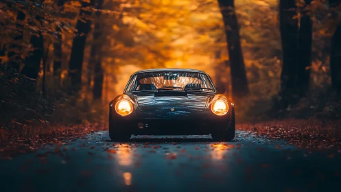 Classic sports car glows through a misty autumn forest lane