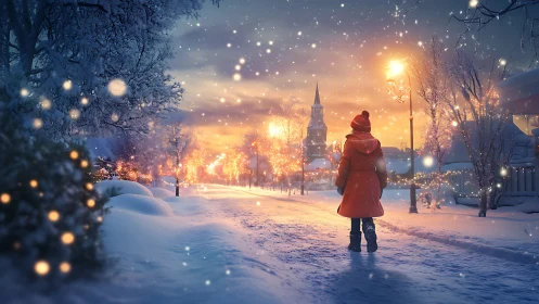 Solitary figure walks through glowing winter city street.