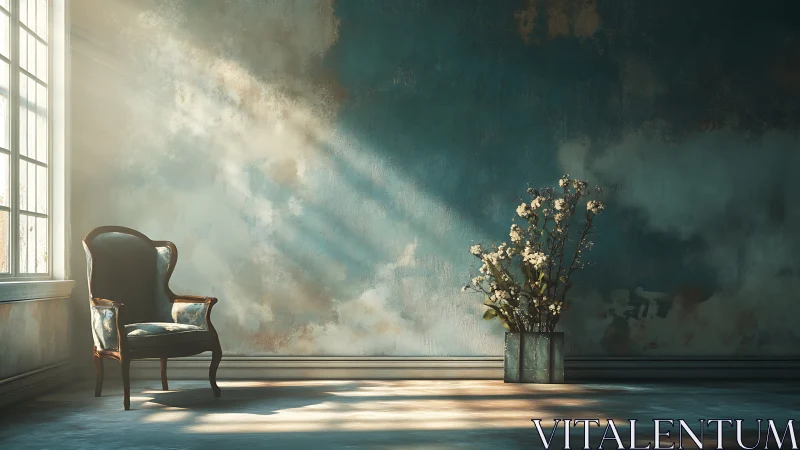 Sunlit vintage chair beside rustic wall with flowers.