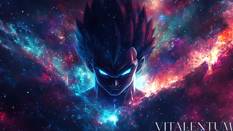 Cosmic anime warrior head emerging from glowing nebula.
