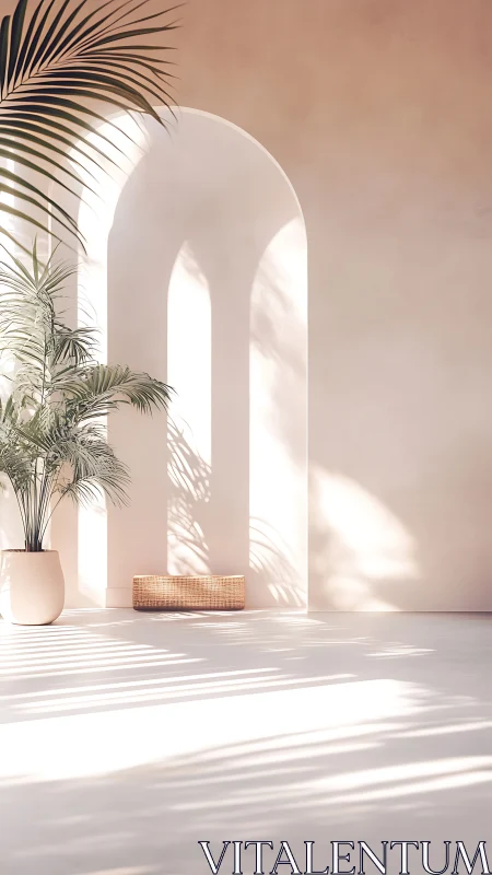 Sunlit archway casts soft shadows beside indoor palm plant
