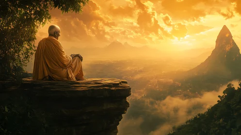 Elderly figure on cliff edge overlooking hazy valley at dusk.