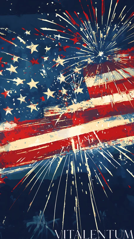 Bold patriotic fireworks bursting around the flag at night.