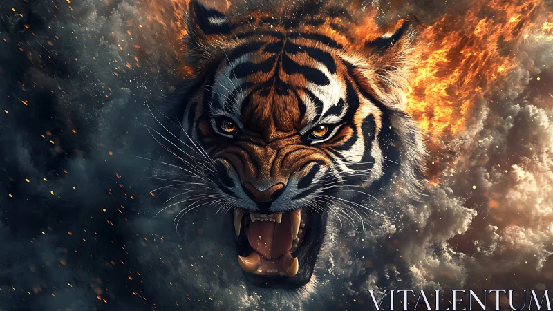 Hyperreal tiger head emerging through volumetric fire and smoke