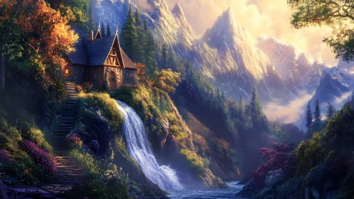 Cozy mountain cabin beside a glowing waterfall at sunset.