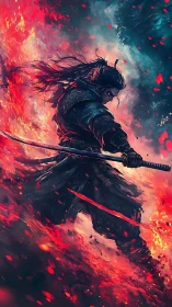 Samurai warrior slices through molten embers in dynamic counterstrike