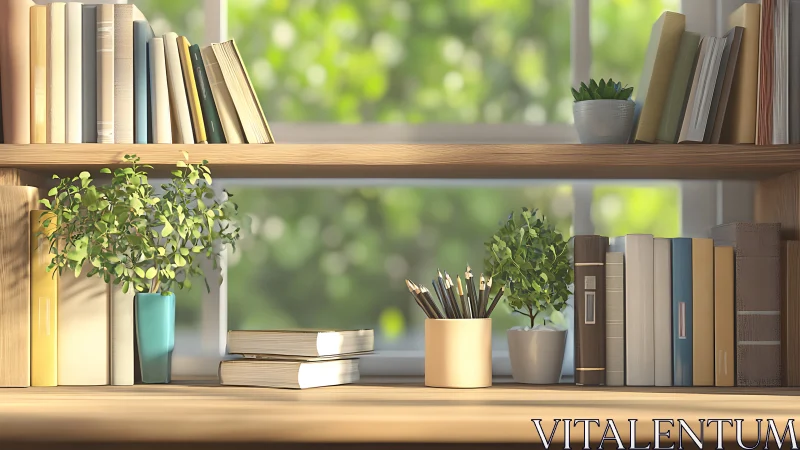 Sunlit wooden bookshelf with books, plants, and pencils.