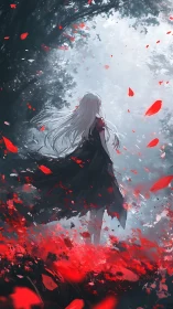 Figure stands in backlit forest surrounded by red petals
