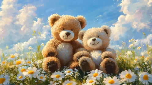 Teddy bears sit in a daisy field under bright cloudy sky