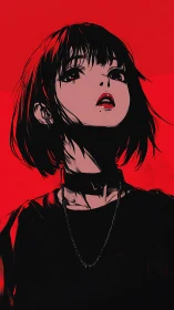 High-contrast anime portrait of goth girl in red-black field