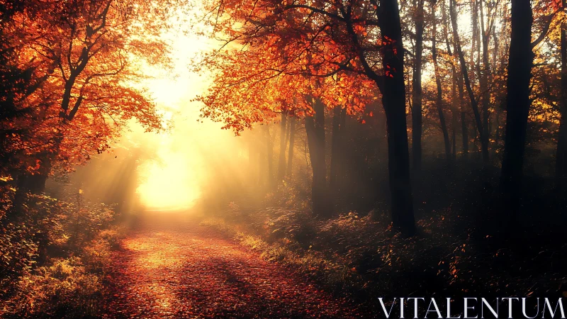 Radiant autumn forest path bathed in golden sunrise light.