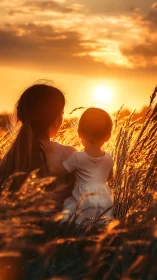 Photorealistic sunset portrait of mother and child silhouettes.
