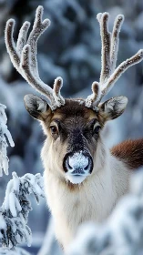 Frosted reindeer portrait with hoar-coated velvet antlers.