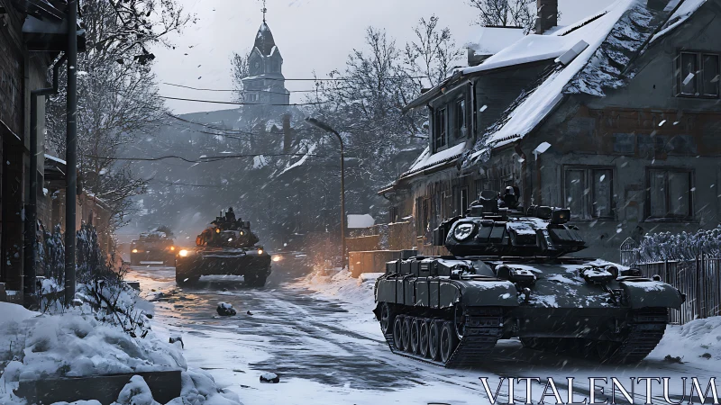 Steel beasts creep through a snowbound ghostly village street