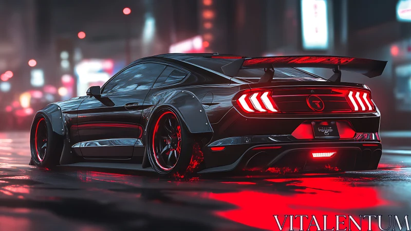 Sleek black muscle car glows in neon drenched night street.