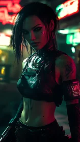 Cyberpunk woman stands in neon street with tactical gear