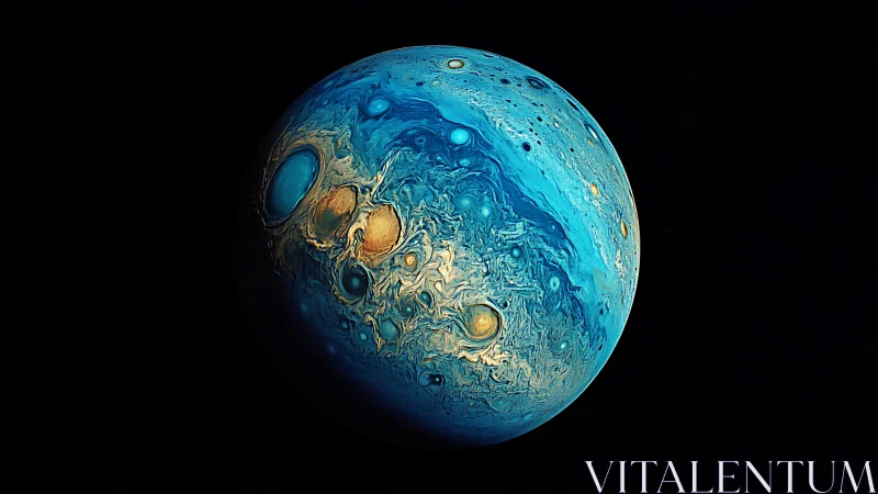 Swirling blue gas giant with luminous golden tempests.