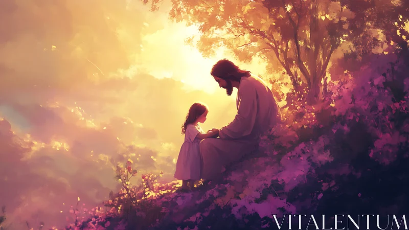 Sunlit garden blessing between gentle guardian and child.