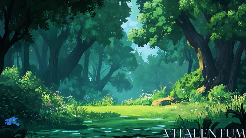Enchanted Forest Clearing with Ancient Trees and Serene Waterscape