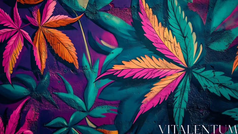 Bold neon leaf mural on textured purple street wall.