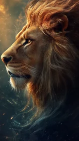 Regal lion profile rendered in dramatic digital chiaroscuro