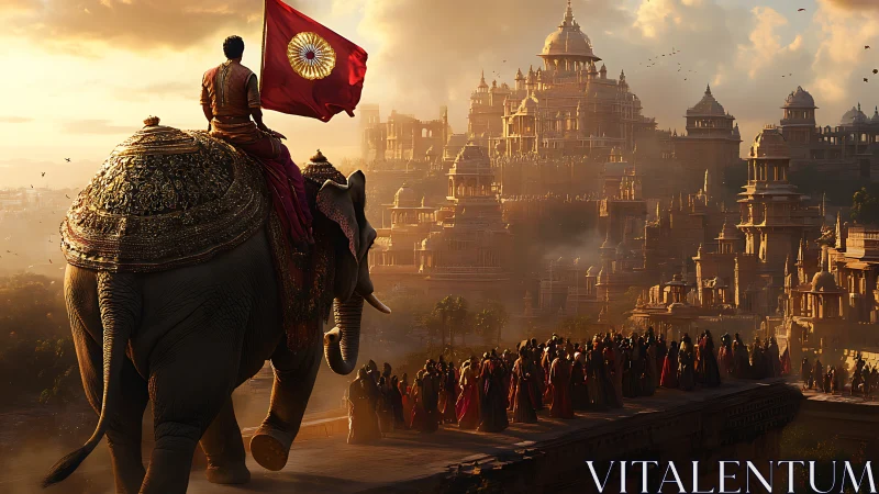 Sunlit royal elephant procession enters a majestic desert city