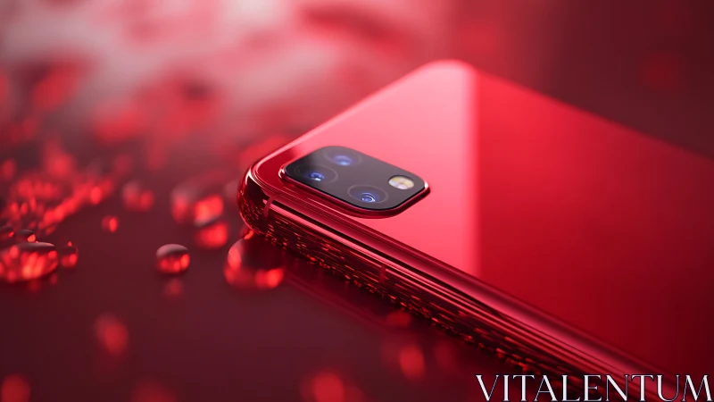 Shimmering red smartphone resting in a glow of soft light.