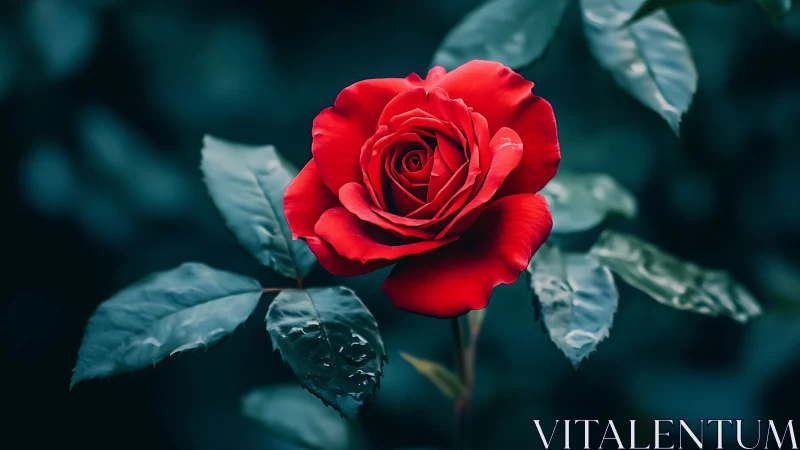 Vibrant Red Rose Blooming Against Teal Foliage.