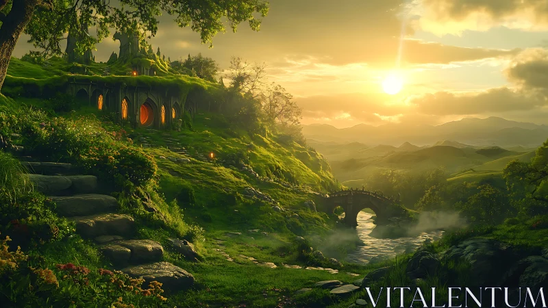 Sunlit river valley with hillside dwellings and stone bridge.