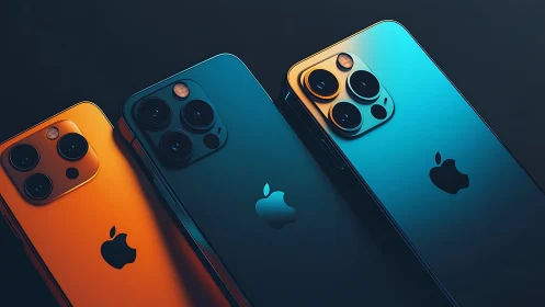 Three iPhone Pro Models in Orange, Teal, Cyan Color Variants