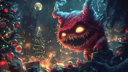 Grinning holiday monster hijacks a moonlit Christmas street