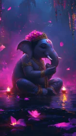 Elephant-headed deity figure seated on reflective water surface.