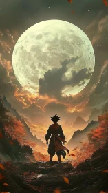 Silhouetted warrior under huge moon in autumn valley.