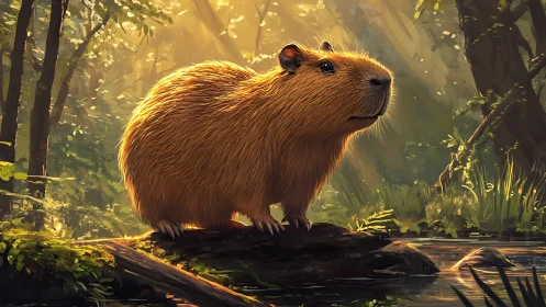 Capybara on forest stream rock under filtered daylight.