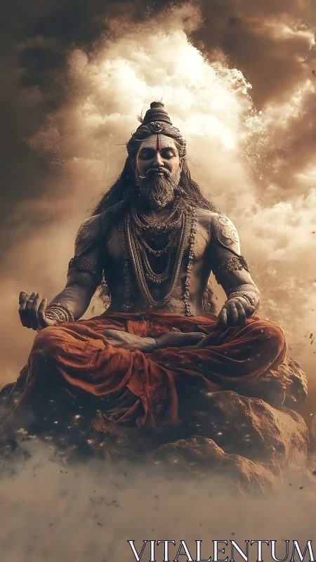 Meditating ascetic figure sits cross-legged on rocky pedestal