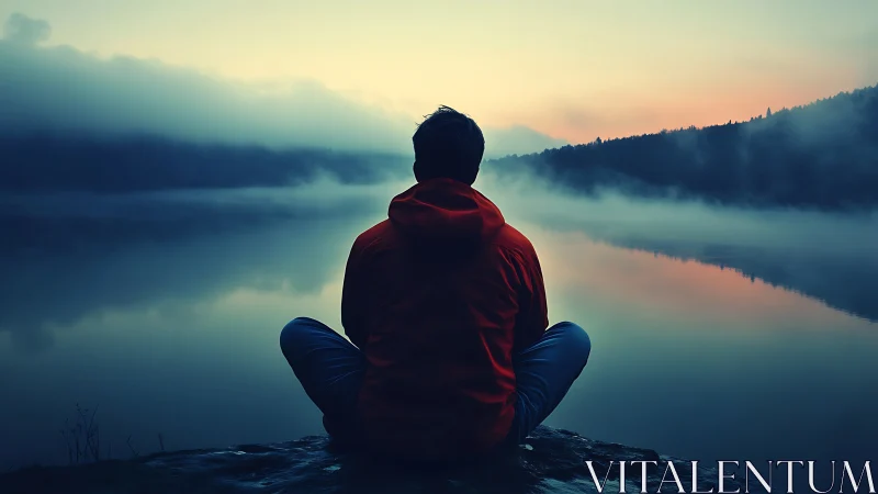 Solitary figure meditating beside misty dawn lake horizon.