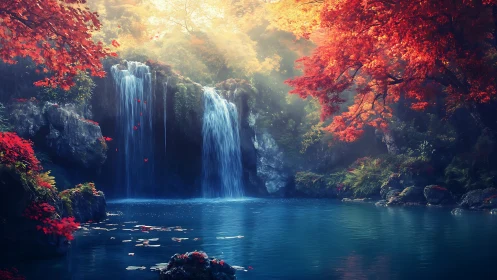 Crimson forest waterfall whispering over a tranquil blue pool.
