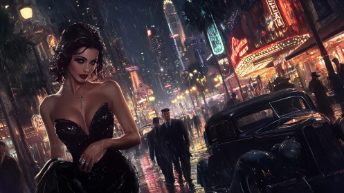 Noir-inspired woman on rainy city street at night.