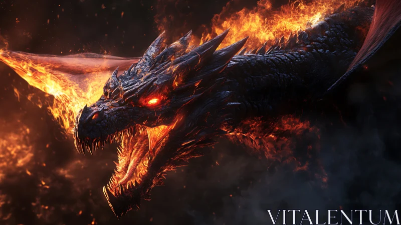 Fire breathing black dragon with molten glowing eyes.