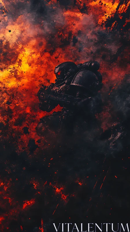 Armored space warrior standing strong in a storm of fire.