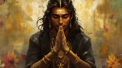 Meditative warrior bows in golden light of sacred calm