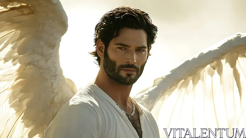 Brooding male angel stands in radiant golden backlight