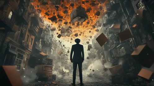 Solitary dreamer watches a burning sky of tumbling cubes