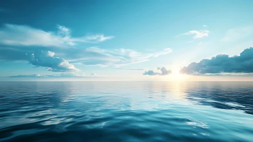 Calm ocean horizon under luminous sunrise and soft clouds.