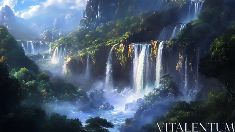 Layered mountain waterfalls rendered with atmospheric depth cues