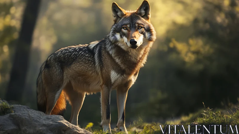 Lone wolf in backlit forest rendered with photoreal depth