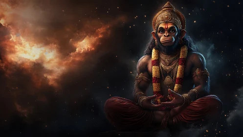 Anthropomorphic monkey deity figure in cosmic environment.